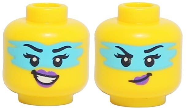 Lego głowa żółta, damska, uśmiech, niebieska przepaska na oczach
