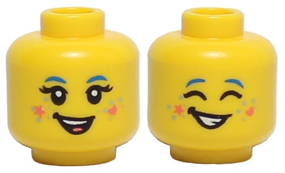 Lego głowa żółta, dziecięca, uśmiech, serduszko i gwiazdka na policzkach