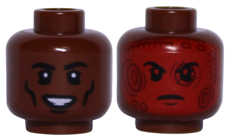 Lego Główka Męska, Dwustronna, Brązowa, Uśmiech, Pomalowana na Czerwona